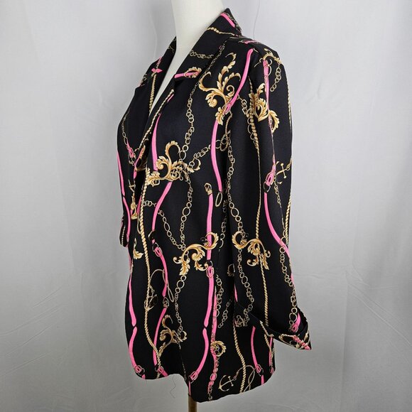 Frank Lyman Montreal Crepe Knit Collared Jacket Size 18 Black Pink Equestrian - Picture 4 of 11